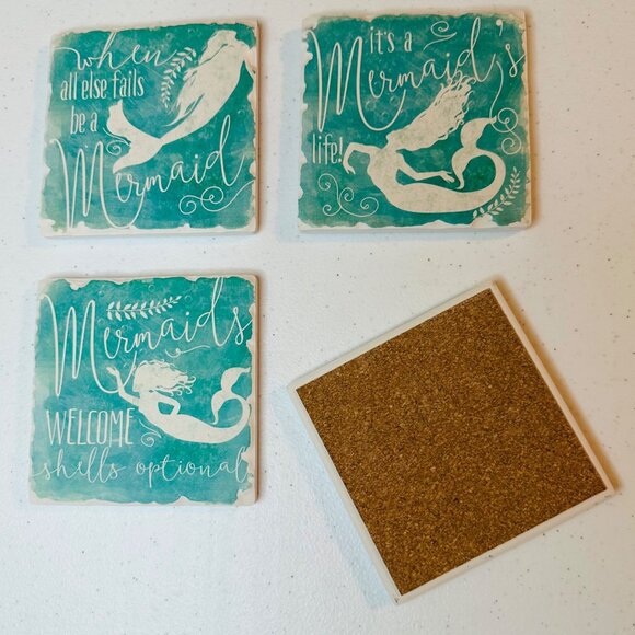 Mermaid coasters for drink Absorbent Ceramic Square coasters nautical coastal - Picture 2 of 7